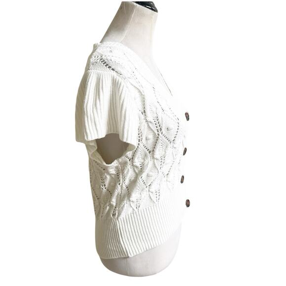 Rye Grass Cropped Cardigan Crochet Cable Knit Sweater Size Medium White V-Neck - Picture 7 of 10